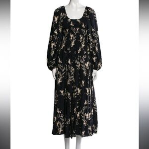 La Ligne Black and Cream Floral Long Sleeve Silk Dress
